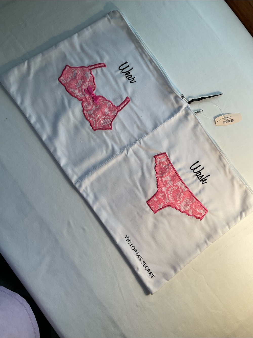 Victoria's Secret White Travel Pouch with Pink Lace Bra & Panty Appliqués